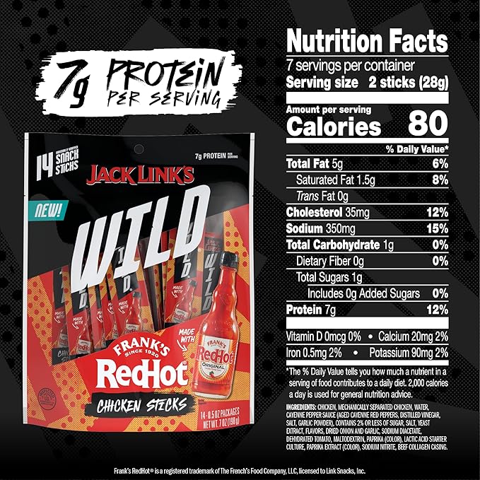 Jack Link's Wild Mini Chicken Sticks Made with Frank's RedHot Flavor – 7g of Protein Snacks, On The Go Snacking, Keto & Paleo Snack, Carnivore Diet Ready, Individually Wrapped – 0.5 Oz. (14 Count)