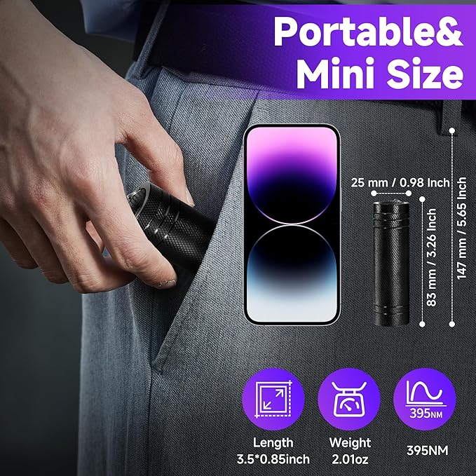 KunHe 60 Pack UV Flashlight 395nm Black Light Mini AAA Battery Ultraviolet LED Woods Lamp Powerful Portable Pet Urine Detector for Dogs Cats Dry Stains Bed Bugs Scorpions Finder Resin Curing