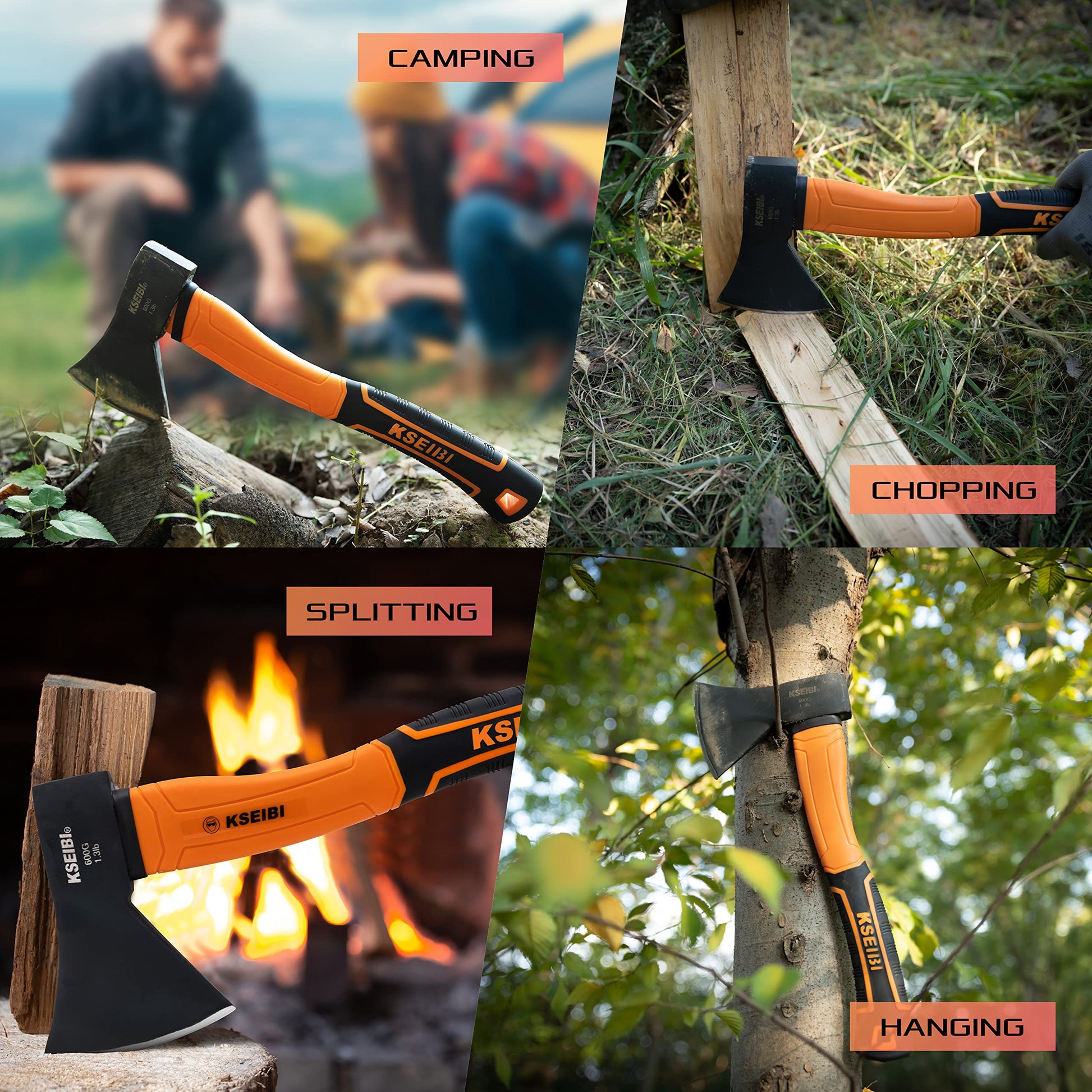 KSEIBI Wood Axe, Small Outdoor Camp Hatchet for Splitting and Kindling Wood, Forged Steel Blade