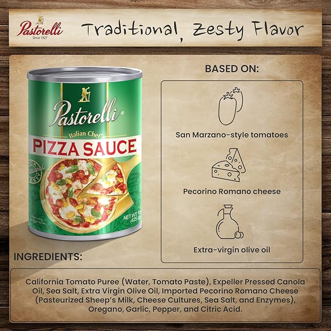 Pastorelli Pizza Sauce, Original Authentic Italian Pizza Sauce with Extra Virgin Olive Oil and Pecorino Romano Cheese Shredded, Since 1952 Family Pizza Sauce Recipe, 15 Ounce, Pack of 12