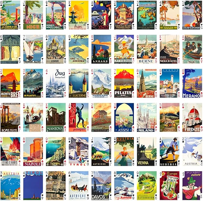 Europe Travel Playing Cards (Poker Deck 54 Cards All Different) Vintage European Travel Posters Retro Adverts