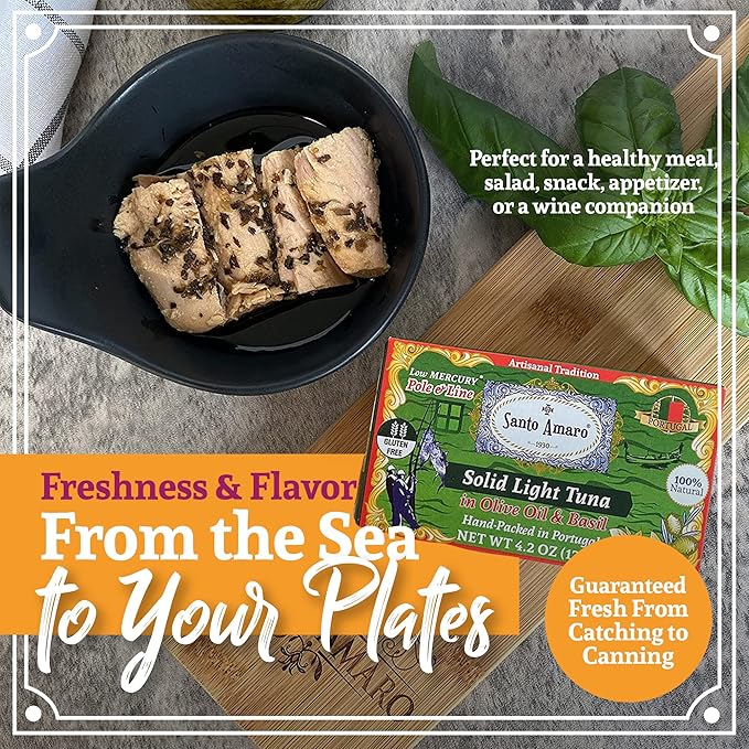 Santo Amaro - Artisanal Wild Tuna Fillets in Olive Oil & Basil, Pole & Line Wild Caught Tuna from Portugal Hand-Packed Venice-Style! Canned Tuna Fish, 22g Protein, Paleo, Keto, Low Mercury, Pack of 3