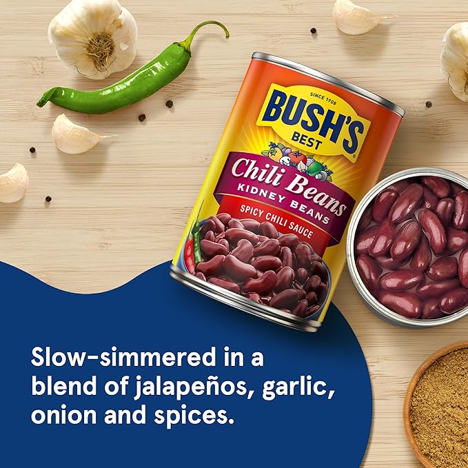 BUSH'S BEST 16 oz Canned Spicy Dark Red Chili Beans, Source of Plant Based Protein and Fiber, (Pack of 12)