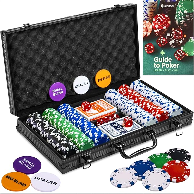 Poker Set with 300 Poker Chips 11.5 Gram for Texas Holdem ??Professional Weight Poker Chips Set with 2 Decks Cards, Big Small Dealer Buttons, and Dices ??Premium Poker in Aluminum Case