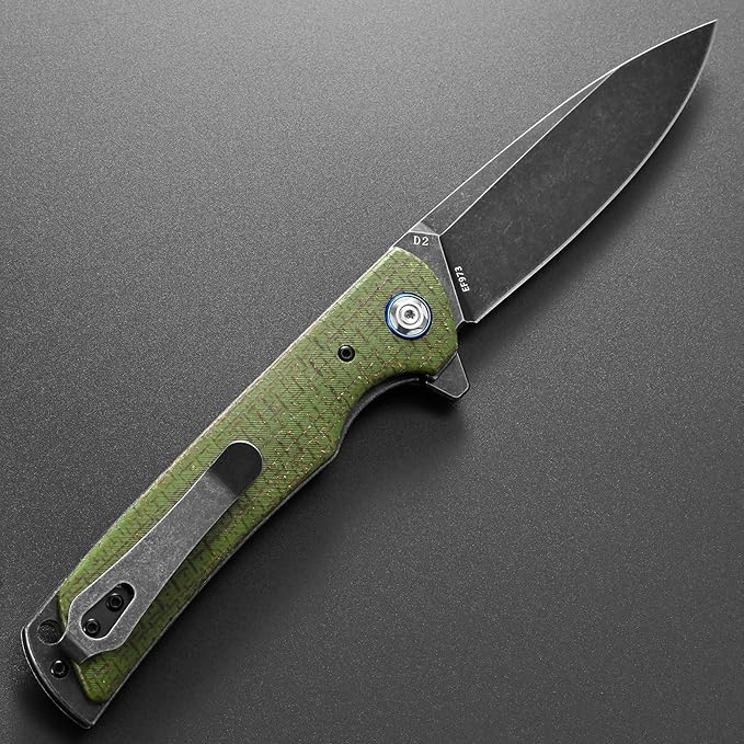 Eafengrow EF973 Folding Knife, D2 Steel Blade Micarta Handle Scale Pocket Knife Folder for Working Camping Hiking EDC Tool Knife（army green