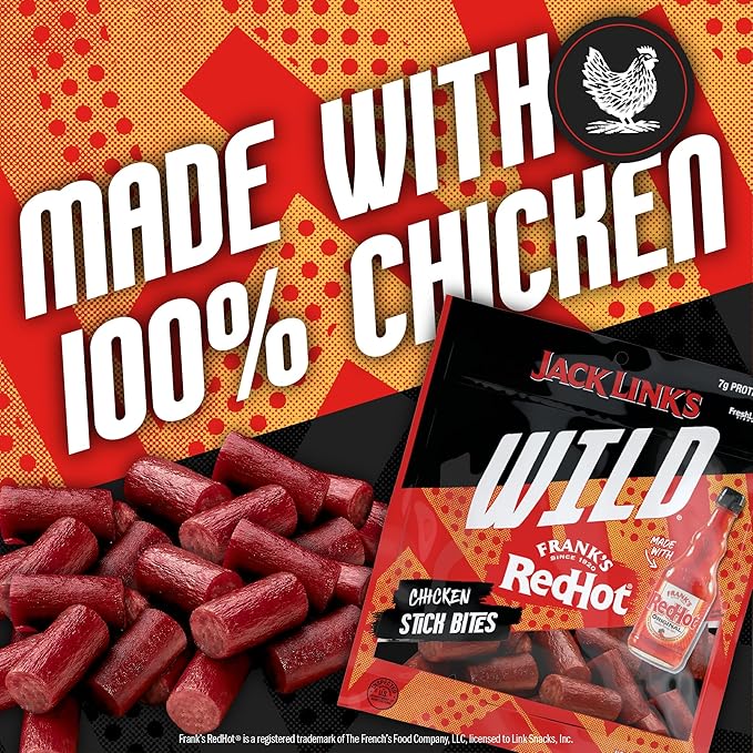 Jack Link's Wild Chicken Stick Bites Made with Frank's RedHot Flavor, Mini Meat Sticks, Shareable Under 100 Calories Snack Packs with 7g of Protein, Bulk Pack of Individual Bags – 4oz (8 Count)