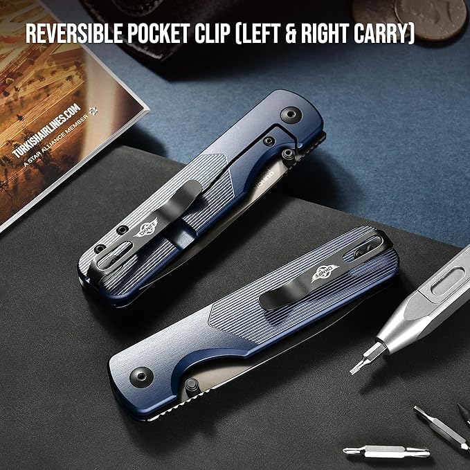 OKNIFE Duron Folding Pocket Knife, 3.5" PVD Coated Nitro-V Steel Blade, Frame Lock Lightweight O-Aluminum Ambidextrous Handle with Clip, Ideal EDC Tool for Outdoor, Camping & Survival (Navy Blue)