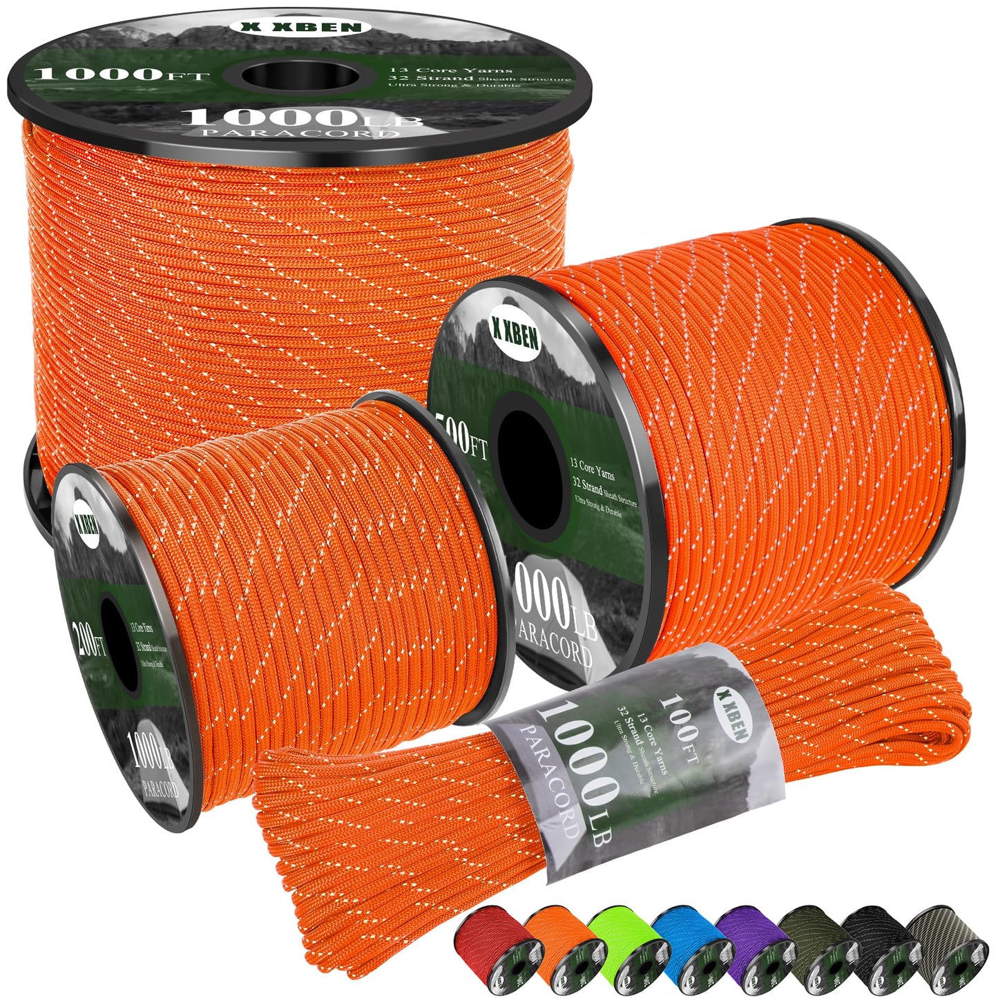 X XBEN Paracord Reflective 1000lb, 50/100/200/500/1000ft 4mm, 13 Strand Parachute Spool Cord, Heavy