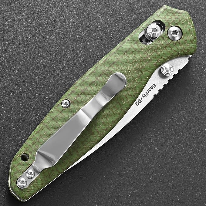Eafengrow EF966 Folding Knife D2 Blade Micarta Handle with Pocket Clip EDC Tactical Knife thumb knobs Axis Lock EDC Multitool Knife (GREEN)