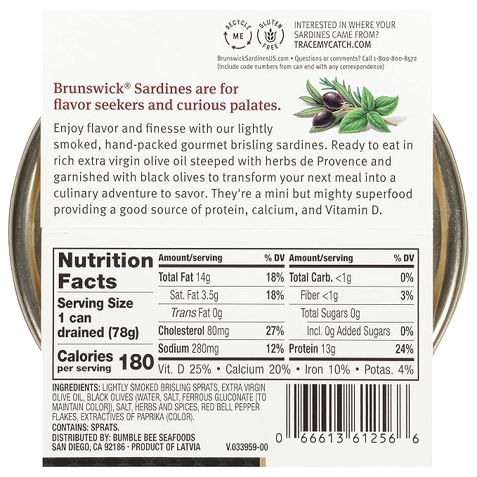Brunswick Wild Caught Gourmet Brisling Sardines in Extra Virgin Olive Oil,Mediterranean Style,with Black Olives,Herbs and Spices,4.23 oz Can (Pack of 12)-Wild Caught Sardines-13g Protein per Serving