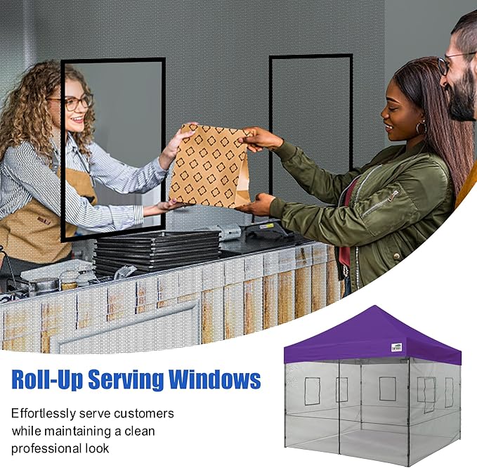 Eurmax USA 10'x10' Pop-up Canopy Tent Commercial Instant Canopies with 4 Removable Zipper End Food Service Wall kit and Roller Bag, Bonus 4 SandBags(Purple)