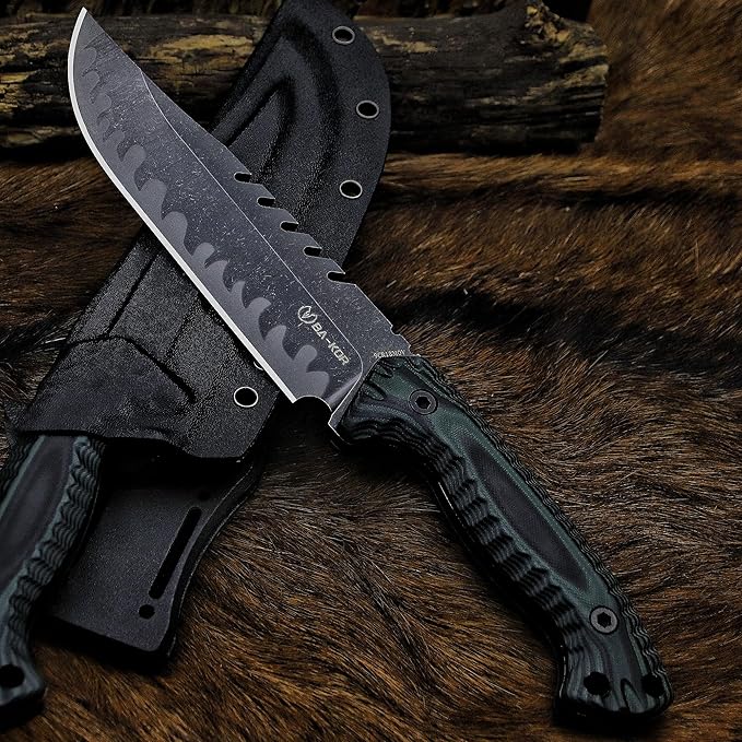 BA-KOR 12.4in Full Tang Fixed Blade Hunting Knife ??6mm 9CR18MoV Steel, G10 Handle, Stonewashed Sawback Blade with Kydex Sheath & Fire Starter for Outdoor, Camping, Survival (Green and black stripes)