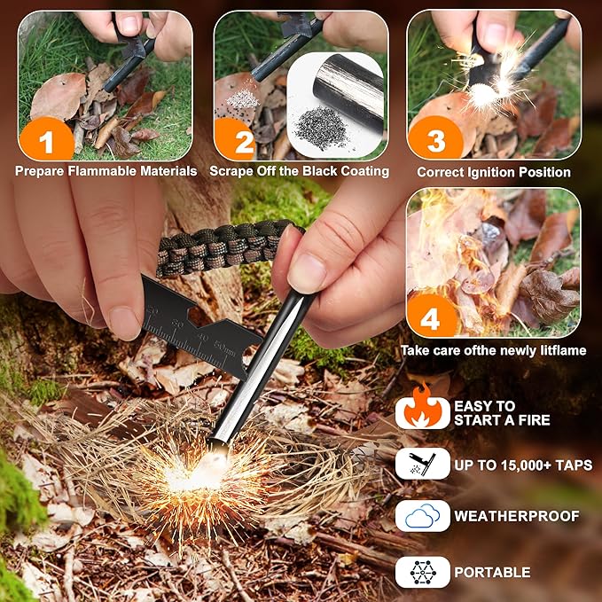 Survival Fire Starter, 4 Inch Ferro Rod, Flint Fire Starters for Hiking and Camping, Flint and Steel Survival Tool with Paracord and Emerge