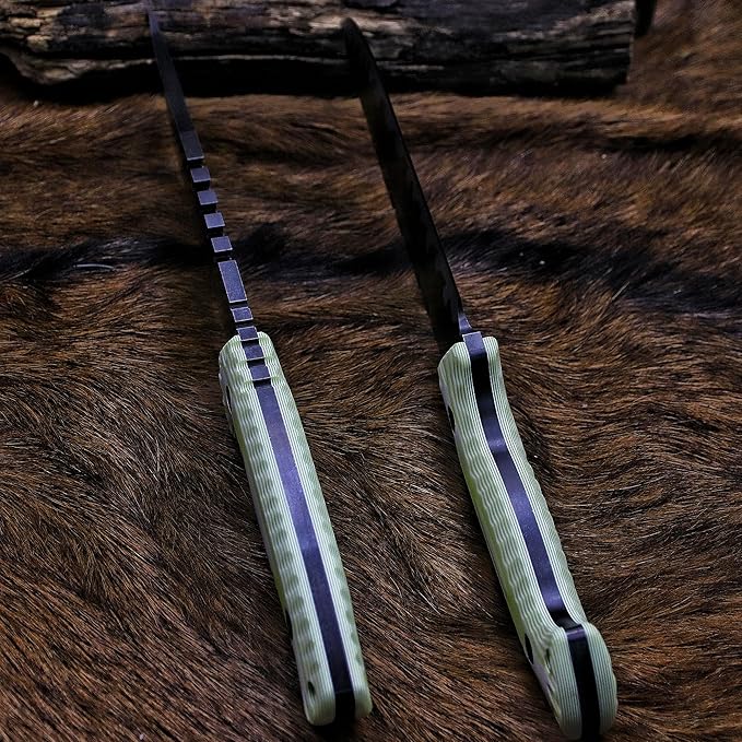 BA-KOR 12.4in Full Tang Fixed Blade Hunting Knife ??6mm 9CR18MoV Steel, G10 Handle, Stonewashed Sawback Blade with Kydex Sheath & Fire Starter for Outdoor, Camping, Survival (White with light green stripes)