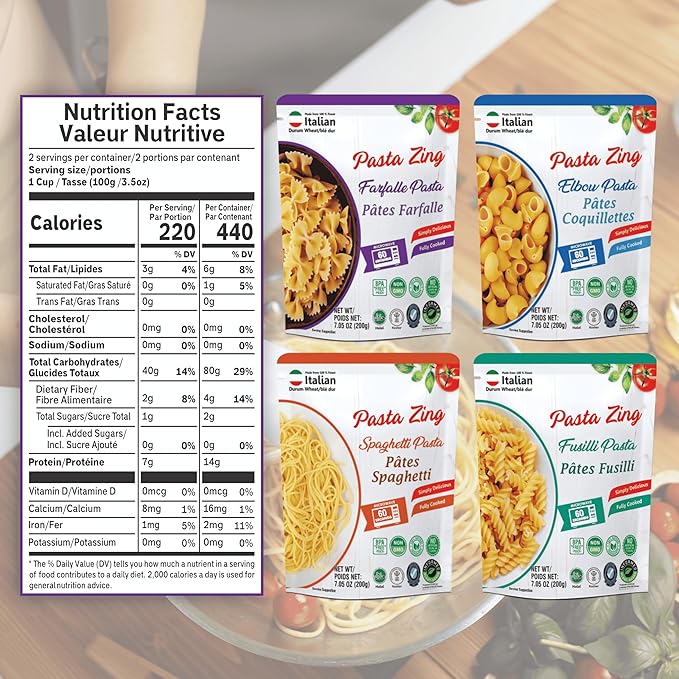 Pasta Zing Microwavable Variety Pasta Pack of 7 | 2x Elbow, 2x Farfalle, 2x Spaghetti, 1x Fusilli Pasta | Microwave Pasta Ready To Eat in 60 Sec - Fully Cooked -100% Durum Wheat 7.05 Ounce