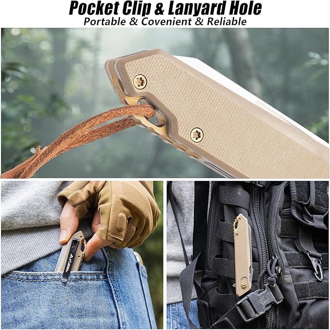 FLISSA Folding Pocket Knife, EDC Knife with D2 Steel Blade and G10 Handle, Pocket Clip, Suitable for Camping, Hiking, Fishing, Daily Use, Outdoor Activities(Brown)