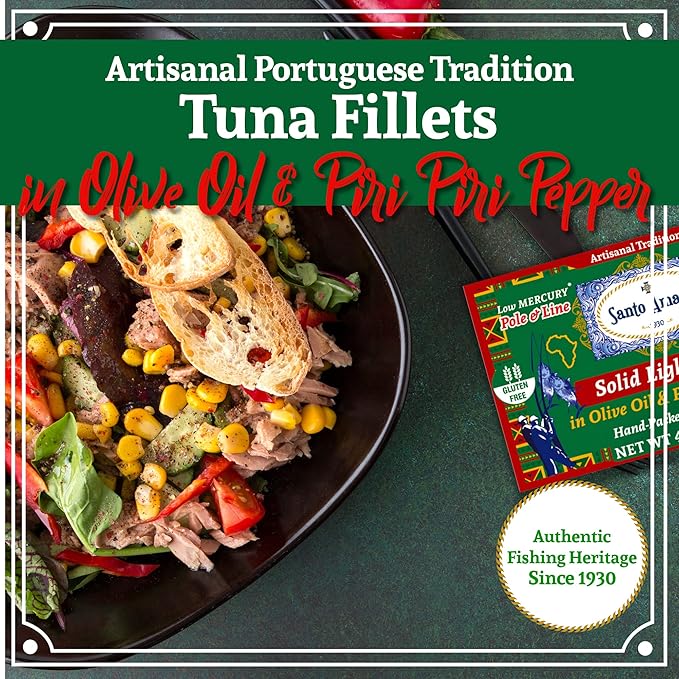 Santo Amaro - Artisanal Wild Tuna Fillets in Olive Oil & Red Piri Piri Pepper, Pole & Line Caught Tuna from Portugal, Hand-Packed Beira-Style Canned Tuna Fish, 22g Protein Keto, Low Mercury, Pack of 6