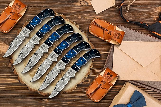 Set of 10 - Personalized Damascus Pocket Knife for Groomsmen -With Leather Sheaths - Custom Engraved Pocket Knives | Groomsman Gifts for Wedding, Groomsmen Proposal Gifts