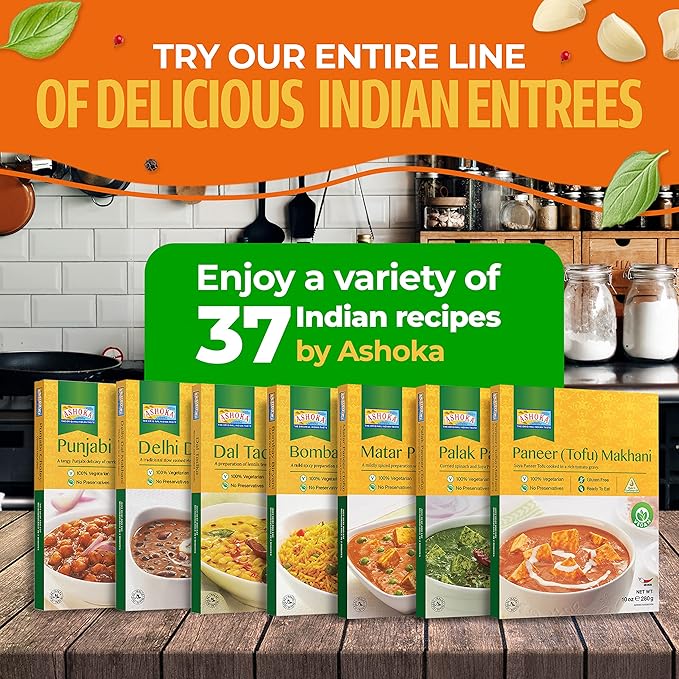 Ashoka Heat & Eat Meals 1932, Plant-Based Tofu & Green Peas Curry, Gluten-Free On the Go Meals, Kosher Certified, All-Natural Matar Paneer, Microwave Friendly with No Preservatives, Pack of 10