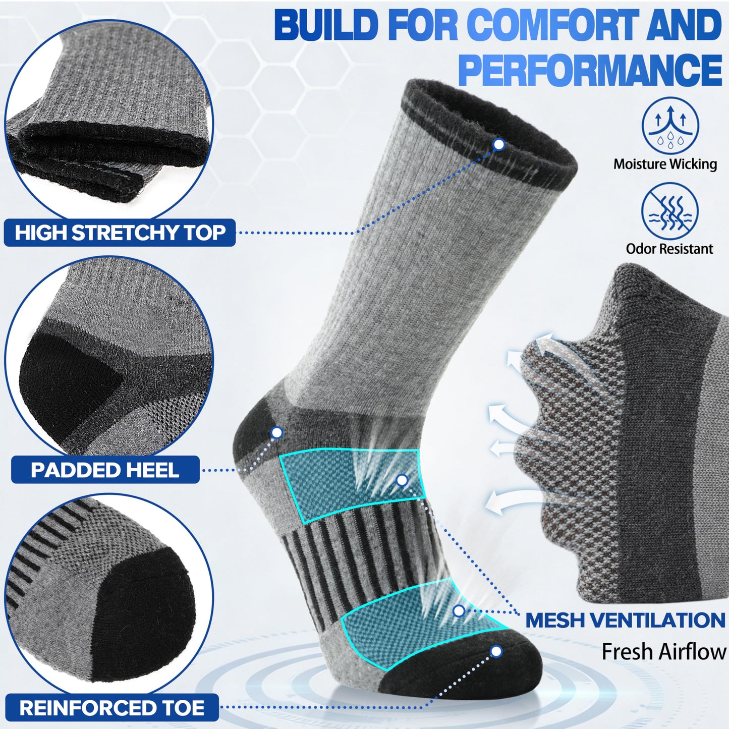 MOGGEI Merino Wool Hiking Socks for Men Warm Thermal Winter Cozy Work Crew Socks Gifts Stocking