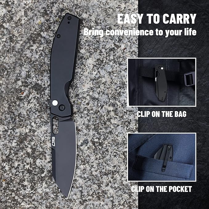 CJRB Pocket EDC Knife Ekko(J1929) Button Lock Small Folding Knife AR-RPM9 Steel Blade and Black PVD Stainless Steel Handle Outdoor for Men Women
