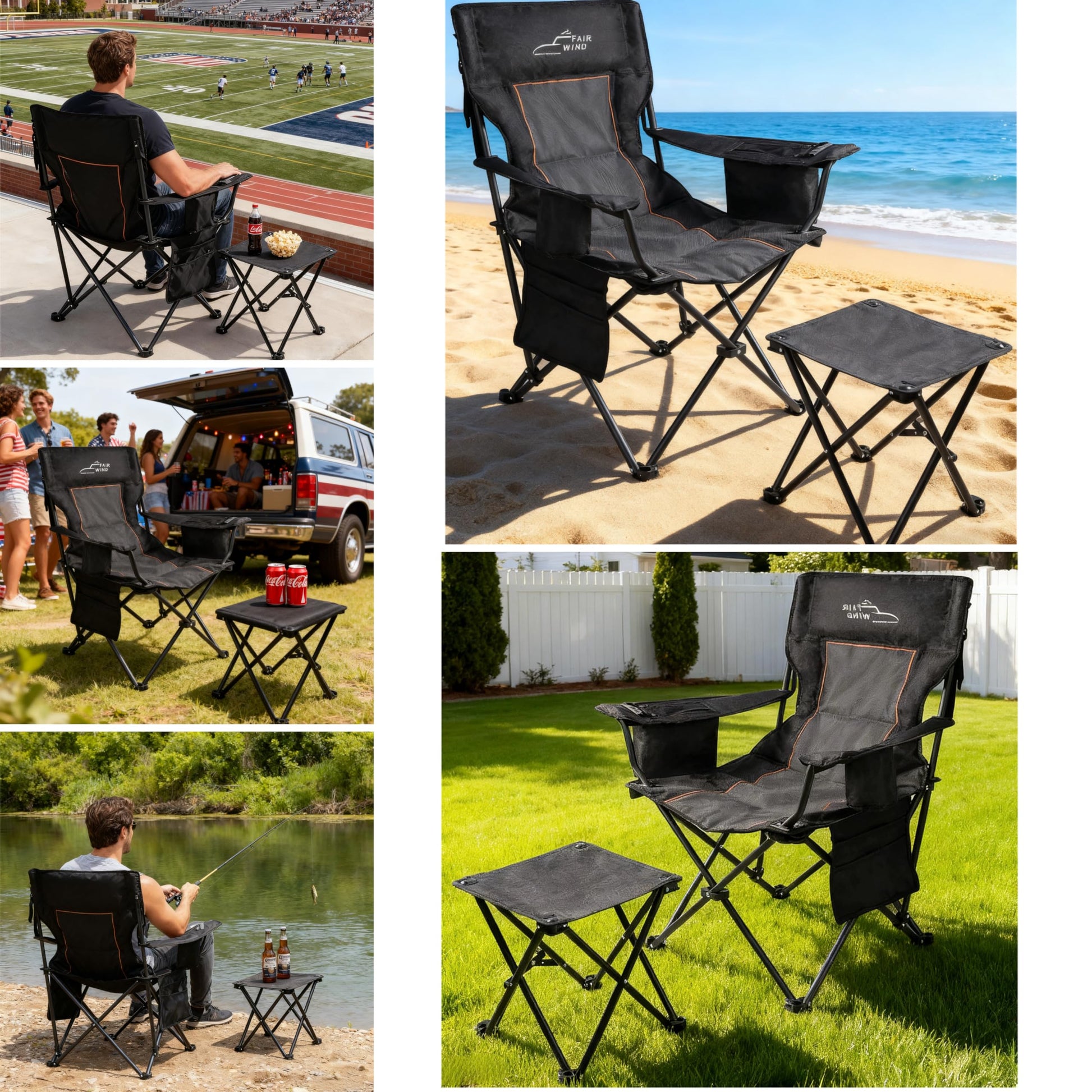 FAIR WIND Oversized Padded Camping Chair with Footrest Stool Set Heavy Duty Support 300 LBS Cooler