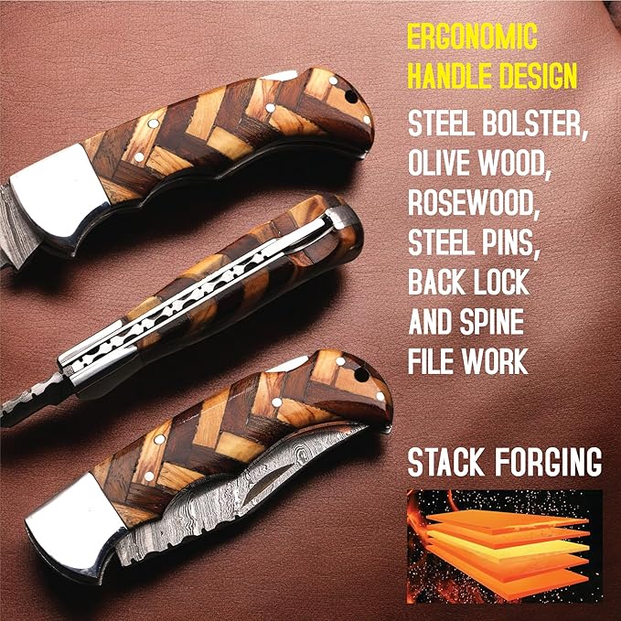 6.5 inch Damascus Pocket Knife with Sheath, Handmade Folding Pocket Knife for Men, Black-Red Wooden Handle with Brass Bolster, Secure Lock Back Camping Knife for EDC,Hunting,Hiking (Copper Damascus)