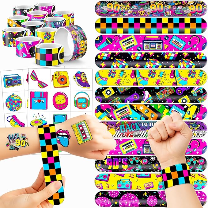 72PCS 90s & 80s Party Favors - 48PCS Pre-Cut Tattoos & 24PCS Slap Bracelets, Retro 90s Birthday Party Supplies Decorations, Ideal for Kids’ Classroom Prizes & Rewards for Boys & Girls