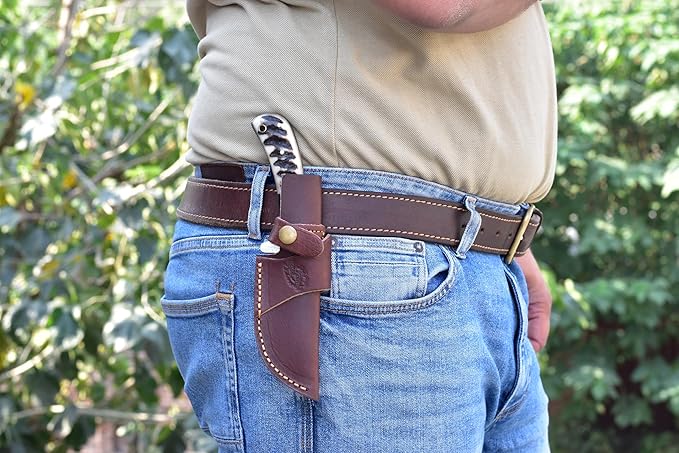 Knives Ranch Handmade Damascus Steel Gut-Hook Skinning Knife ??8.5" Full Tang Fixed Blade Outdoor Knife with Ram?™s Horn Handle & Heavy-Duty Leather Sheath ??Hunting, Bushcraft, Camping, Survival, Cowboy Ranch (2048-RH)