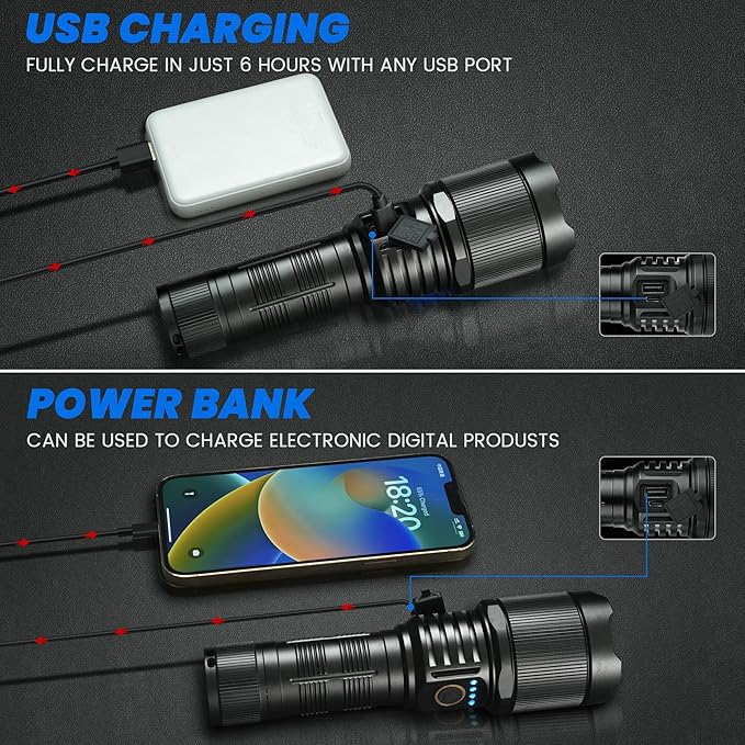 Flashlights High Lumens 990000 LED Rechargeable Tactical Flashlight Zoomable 3 Modes Fast Charging IPX6 Waterproof Super Bright Black Handheld Flashlights for Camping Hiking Outdoor and Gift