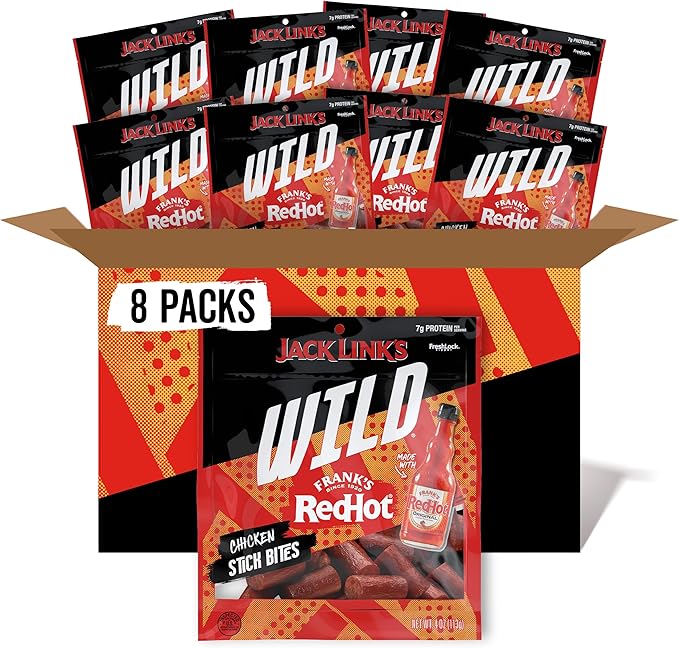 Jack Link's Wild Chicken Stick Bites Made with Frank's RedHot Flavor, Mini Meat Sticks, Shareable Under 100 Calories Snack Packs with 7g of Protein, Bulk Pack of Individual Bags – 4oz (8 Count)