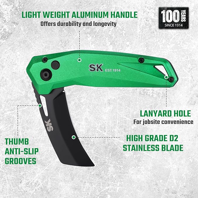 SK Hawkbill Folding Pocket Utility Knife, Premium D2 Curved Blade for Cable Skinning, Carpet, Linoleum, Cardboard, Rope, Wire Cutting