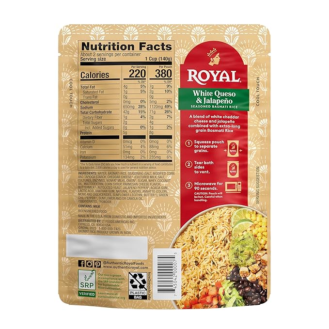 Royal White Queso & Jalapeno Basmati Rice - Ready to Heat Basmati Rice - (4 Pack) 8.5 oz Microwaveable Pouch