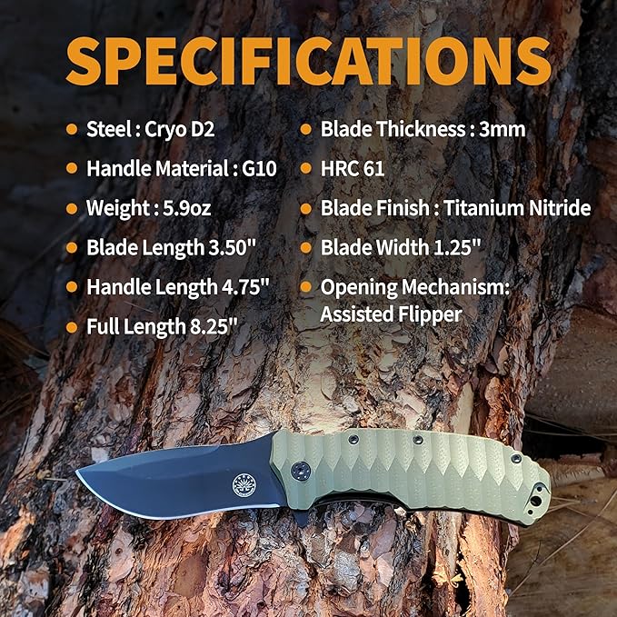 Off-Grid Knives - Rapid Fire Ranger, Camping & Hunting Knife, Cryo D2 Blade Steel with Olive Drab G10 Scales, Deep Clip, Left or Right Carry, Survival, Hiking, Fishing, Boating, Bushcraft