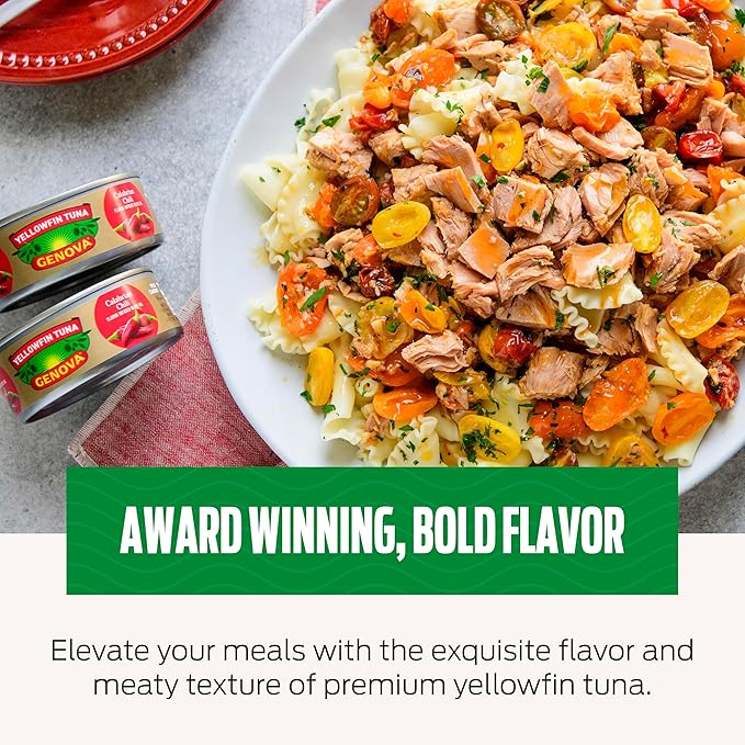 Genova Premium Yellowfin Tune in Calabrian Chili Infused Olive Oil, 5 Ounce Cans, 12-Pack ??Nutrient Rich, High Protein Canned Tuna Fish - Delicious, Easy, Nutritious Ready to Eat Meals