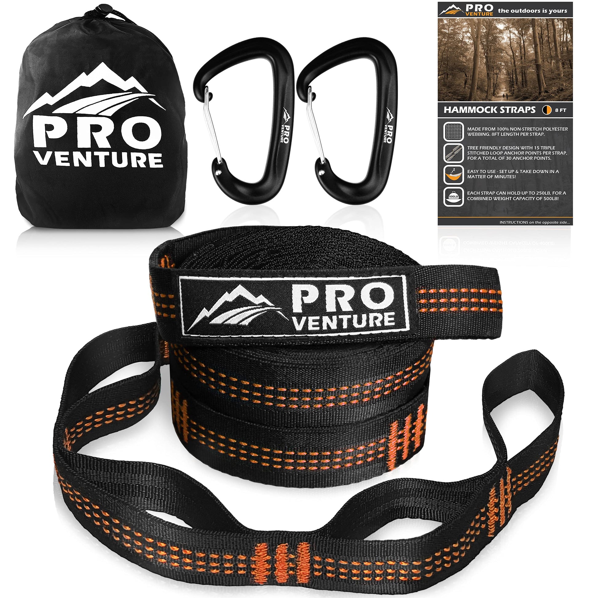 Pro Venture Hammock Straps and 2 Carabiners, 30+2 Loops, 1200lbs Breaking Strength (500lbs Rated) |