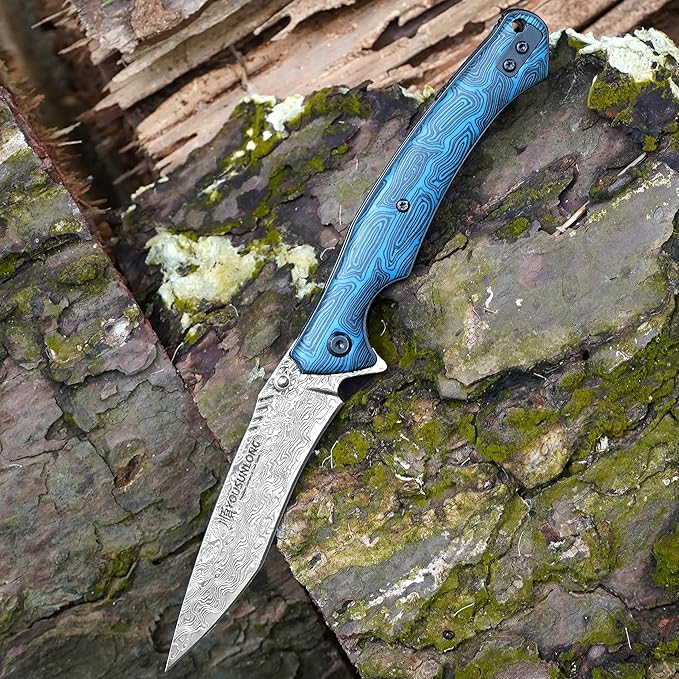 YOUSUNLONG Folding Knife - Hammered Damascus Steel Blade - Blue Damascus texture G10 Cover