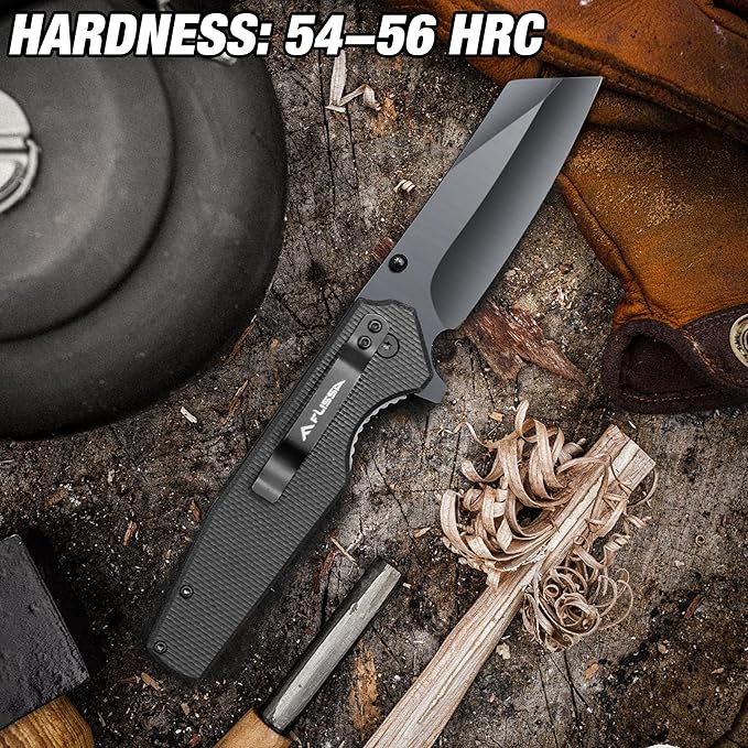 FLISSA Folding Knife, 4-3/4" Reverse Tanto Folding Pocket Knife, Black Stonewash Blade, G10 Handle, for Hunting, Survival, Camping and Outdoor Activities, Great Gifts for Dad, Husband, Friend