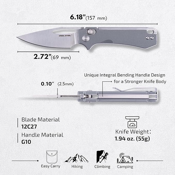 REALSTEEL VIS Pocket Knife, Folding Knife, Crossbar Lock, 2.72" Small 12C27 Steel Satin Plain Blade, Thumb Hole, G10 Handle, 1.94oz, Pocket Clip, Versatile Outdoor Indoor EDC Knife, Gifts for Men Women Camping Hiking Fishing Climbing (Gray G10/Satin)