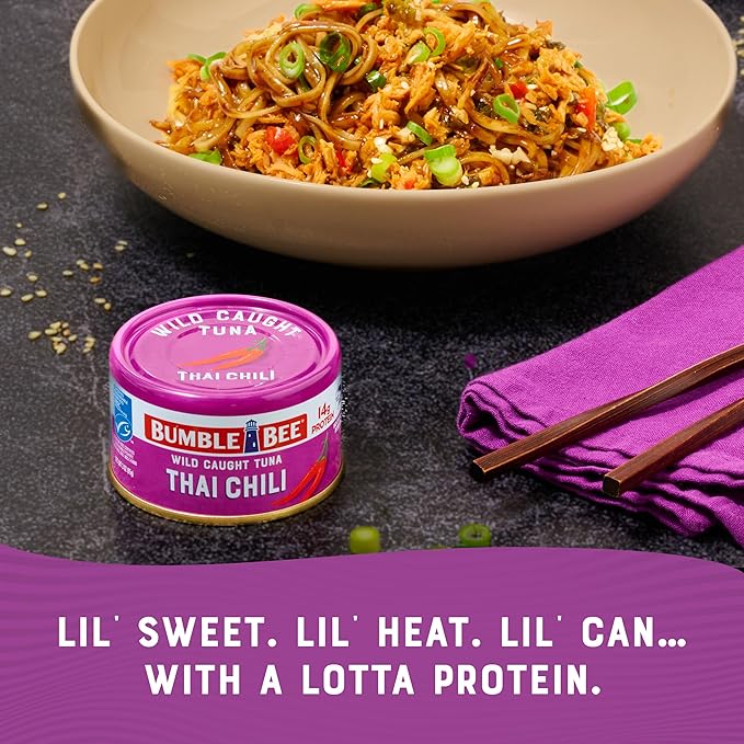 Bumble Bee Snackers - Thai Chili Tuna, 3 oz Easy Open Can - 14g Protein per Serving - Wild Caught Skipjack Chunk Light Tuna Pack - No Draining, Ready to Eat