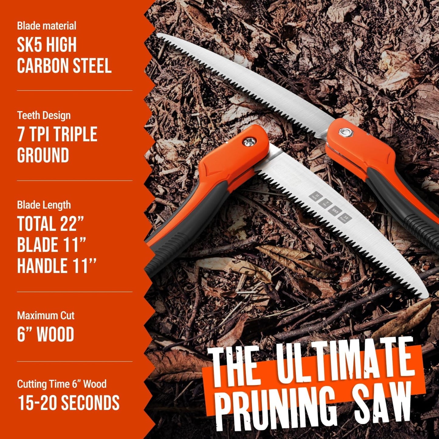 Folding Camping saw 11 Inch - Heavy Duty Pruning Saw with Triple-Cut SK5 Blade, 7 TPI Razor Teeth