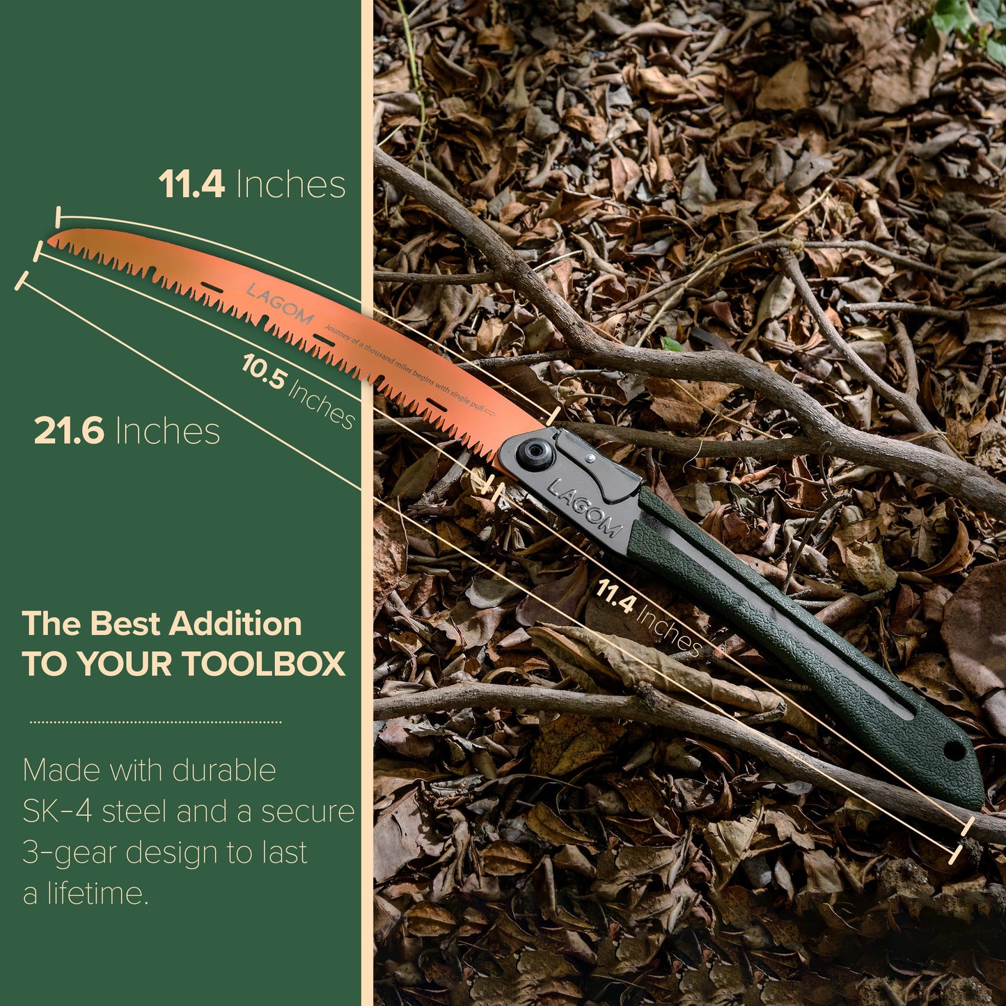 LAGOM Folding Camp Saw for Cutting Branches, 11.4" Curved Blade | SK5 Steel, Ergonomic Handle