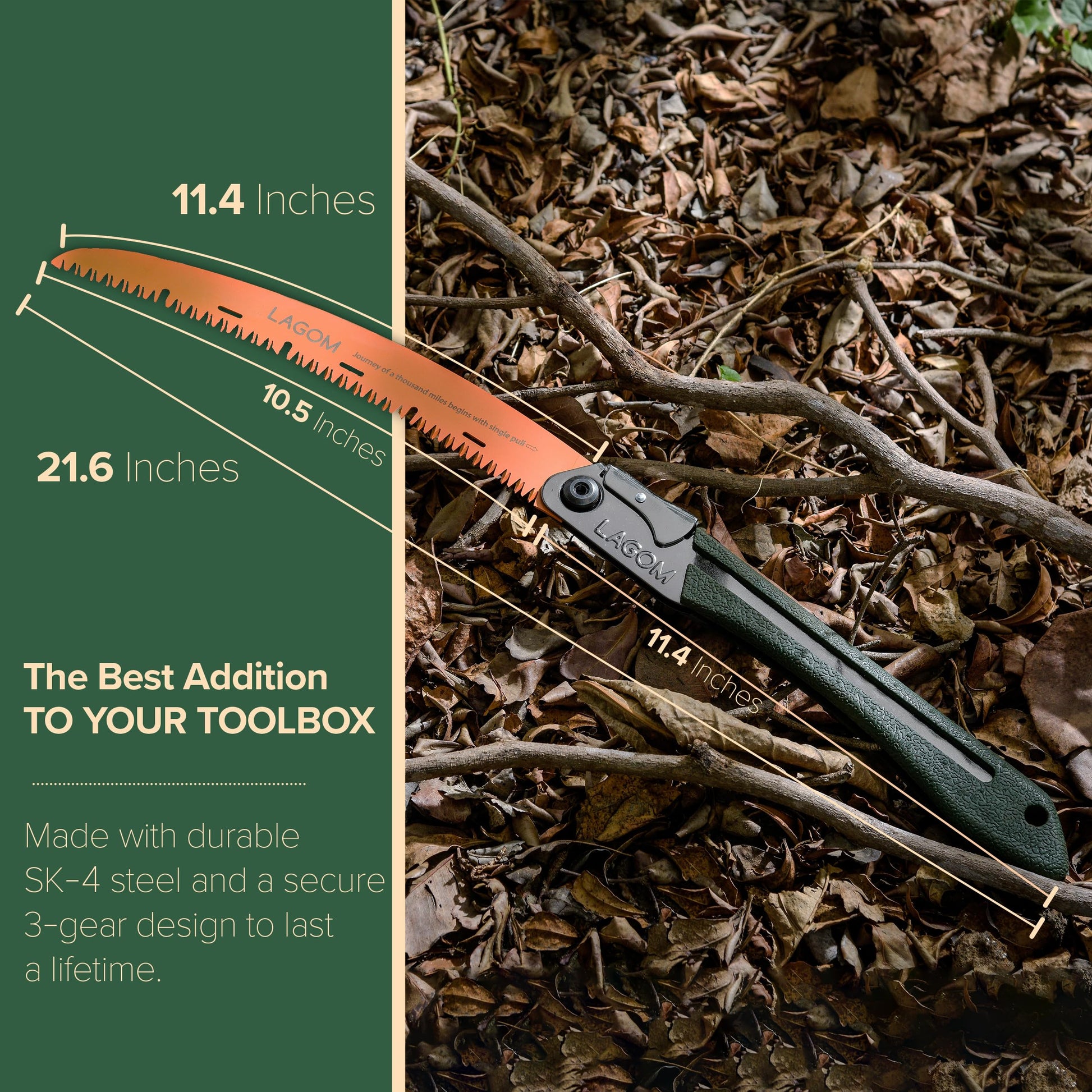 LAGOM Folding Camp Saw for Cutting Branches, 11.4" Curved Blade | SK5 Steel, Ergonomic Handle