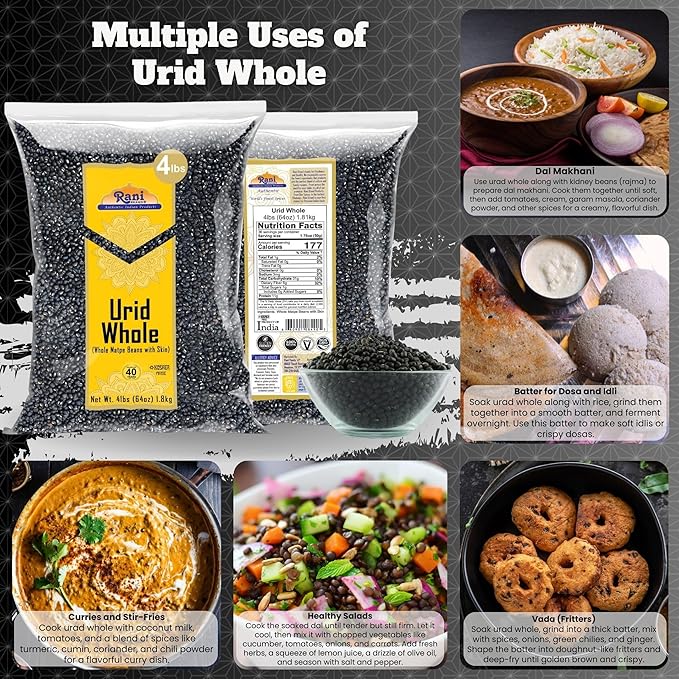 Rani Urid/Urad Whole Black (Matpe Beans with Skin) Indian Lentils 64oz (4lbs) 1.81kg Bulk~ All Natural | Gluten Friendly | Non-GMO | Kosher | Vegan | Indian Origin
