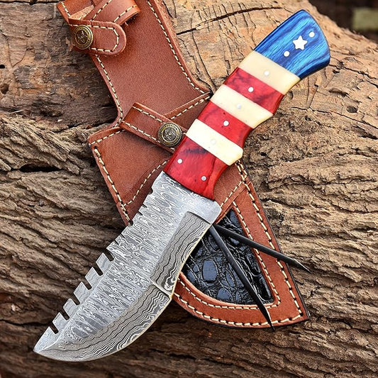Damascus Steel Fixed Blade Tracker Hunting Knife With Horizontal and Scout Carry Leather Sheath - Full Tang Tactical Survival Bushcraft Knives for Men - American USA TX Flag Handle Knife for Camping