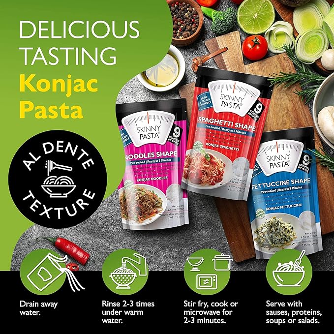 SKINNY PASTA Variety Pack - Healthy Konjac Shirataki Noodles, Low Carb Keto Pasta, Gluten Free, 6 Pack