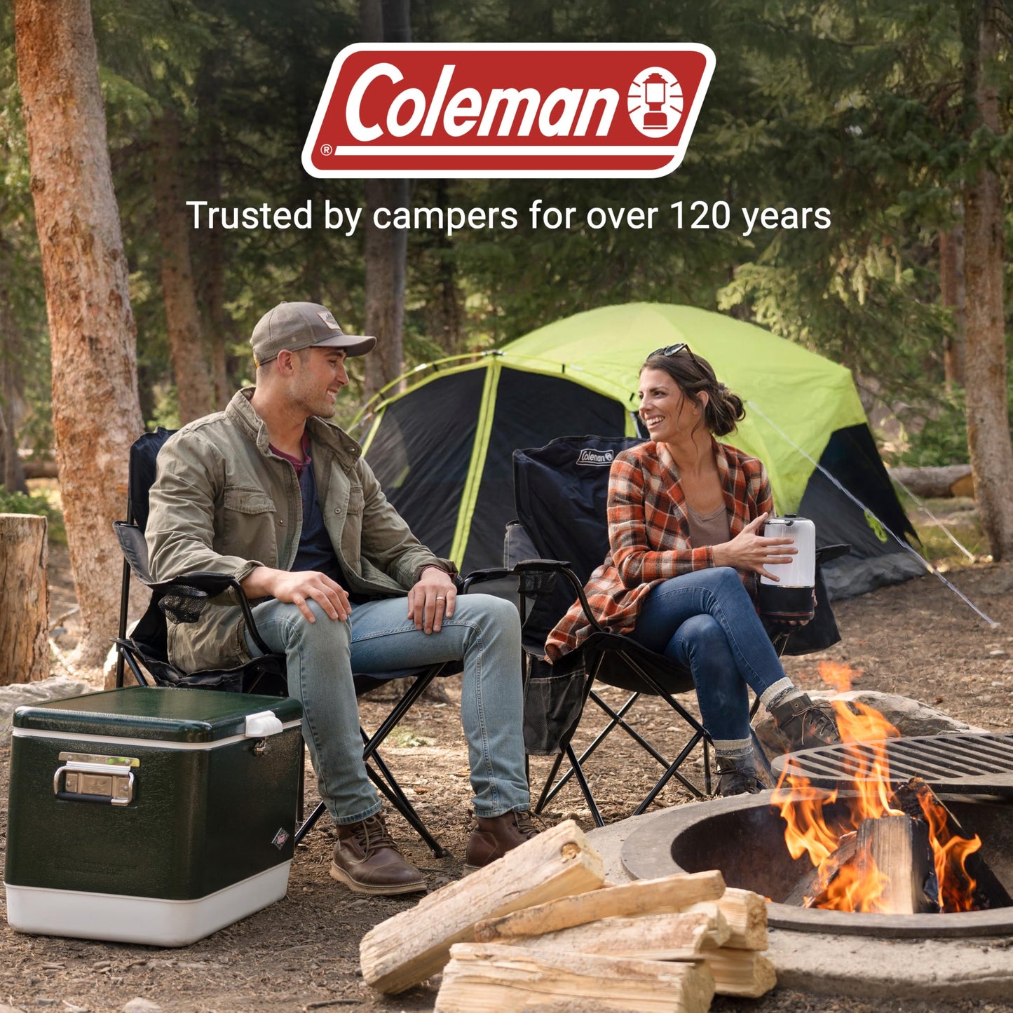 Coleman Portable Camping Chair with 4-Can Cooler, Cushioned Seat & Back with Side Pockets & Cup