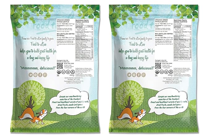 Food to Live Organic Whole Green Lentils, 25 Pounds ??Non-GMO, Dried Raw Beans, Sproutable, Vegan, Kosher, Bulk. High in Folate, Dietary Fiber, Protein. No Soaking Required. Great for Veggie Burgers.
