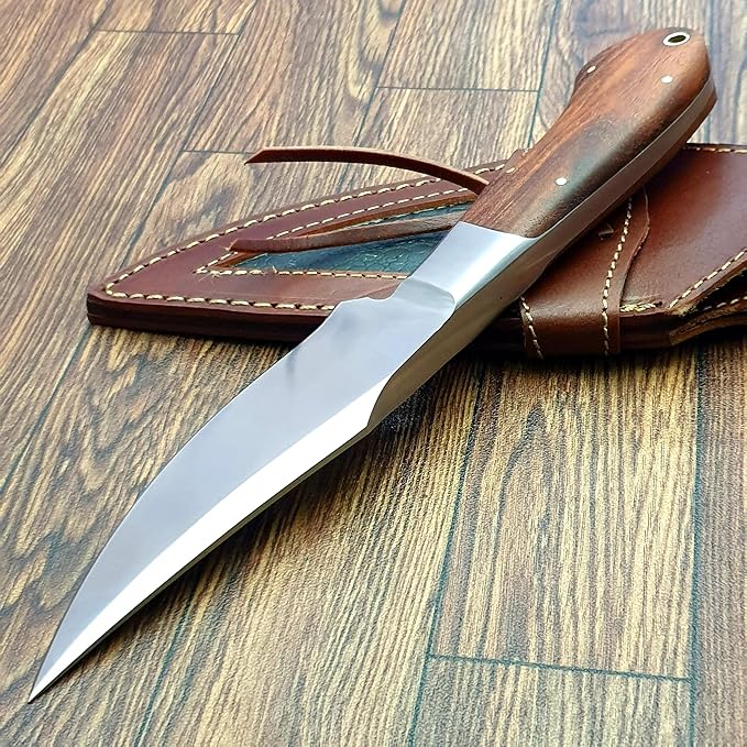 Zaby Hand Forged D2 Steel 10'' inches Fixed Blade Hunting Knife, Bushcraft Skinner Camping Outdoor Knife with Genuine Leather Sheath, Rose Wood Handle