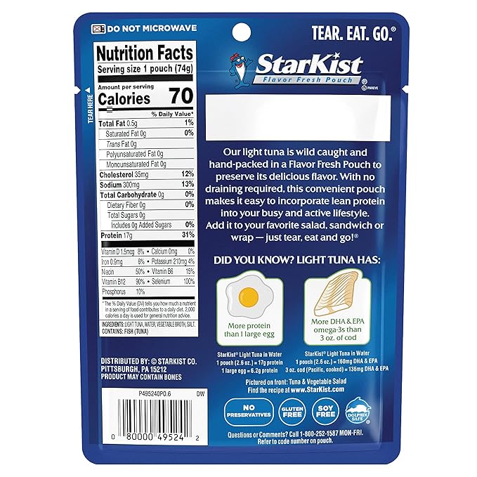 StarKist Chunk Light Tuna in Water, 2.6 oz Pouch (10 Pack) Ready to Eat Wild Caught Tuna, 17g Protein, 70 Calories Per Serving, Gluten Free, Soy Free, Kosher, Perfect for Salads, Keto Meals and Snacks